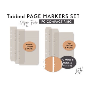 Puede incluir: Un conjunto de tres marcadores de página con pestañas grises para una carpeta de anillas compacta. Los marcadores están diseñados para usarse con un Happy Planner o un planificador similar. El texto en los marcadores dice "Bottom Tabbed/ 3 Widths" y "Top Tabbed/ 3 Widths". La imagen también muestra un primer plano del patrón de los agujeros para los marcadores, que incluye versiones con agujeros y con muescas.