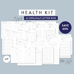 May include: A printable health kit with 19 different layouts for tracking symptoms, mood, medication, sleep, meals, exercise, and more. The kit is designed for A5 ring binders and half-letter ring binders. The text "SAVE 60%" is visible in the top right corner of the image.