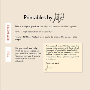 May include: Digital product image with the text "Printables by listlab". The image includes item notes, terms of use, and a handwritten note. The format is a high-resolution printable PDF.