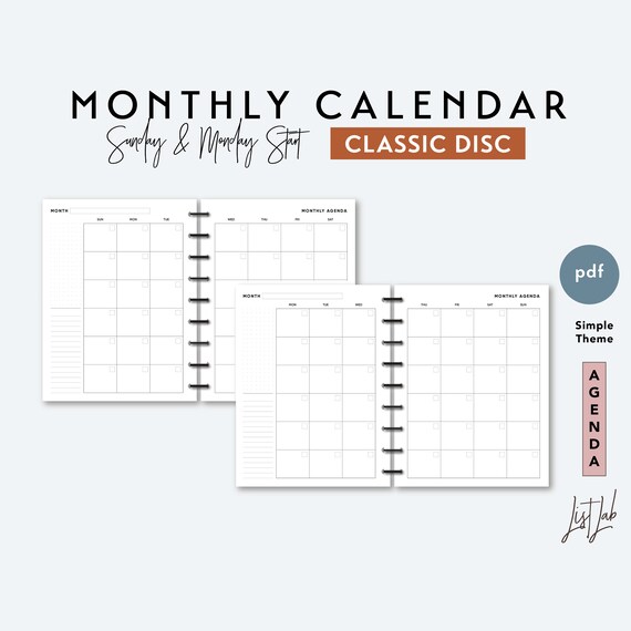 CLASSIC DISCBOUND Month on 2 Pages Calendar Printable Ring Planner Insert  PDF Simple Theme - Etsy