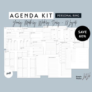 Personal Ring AGENDA KIT | Printable Minimalist Ring Planner Inserts Set pdf | Simple - 18+ layouts | Yearly, Monthly, Weekly, Daily Undated