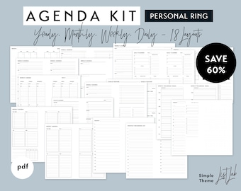Personal Ring AGENDA KIT | Printable Minimalist Ring Planner Inserts Set pdf | Simple - 18+ layouts | Yearly, Monthly, Weekly, Daily Undated