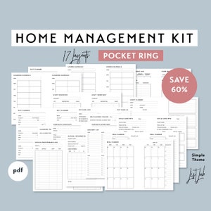 Op de afbeelding: Een set van 17 afdrukbare pagina's voor een huishoudplanner in een eenvoudig zwart-wit ontwerp. De pagina's bevatten een schoonmaakschema, een takenlijst, een cadeauplanner, een contactenlijst, schoolinformatie, een maaltijdplanner, een voertuigonderhoudslogboek, een huisdierverzorgingslogboek, een evenementenplanner en informatie over kinderopvang. De pagina's zijn ontworpen om te worden afgedrukt en te gebruiken in een ringband.