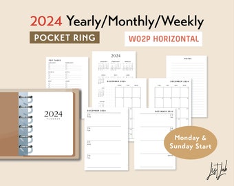 POCKET RING 2024 Yearly Monthly Weekly Wo2p HORIZONTAL Printable Planner Inserts Set, Week on 2 Pages Predated