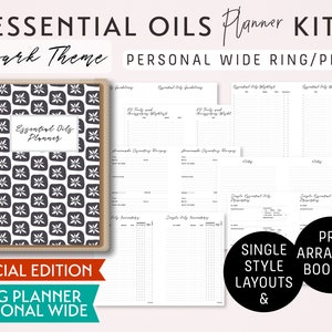 Puede incluir: Un kit de planificador de aceites esenciales en blanco y negro con un patrón geométrico en la portada. El kit incluye un planificador de anillas ancho personal y un folleto preordenado. El texto "Essential Oils Planner Kit" y "Spark Theme" es visible en la imagen.