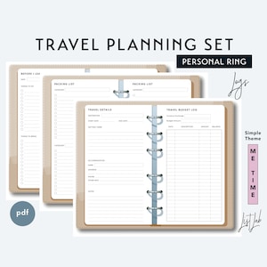May include: A printable travel planning set with a simple theme. The set includes a packing list, travel details, and a travel budget log. The pages are designed to be used in a personal ring binder.