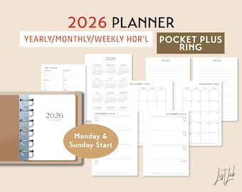 2026 POCKET PLUS Ring Yearly Monthly Weekly Wo2p Horizontal Printable Planner Insert Set, DIY Planner