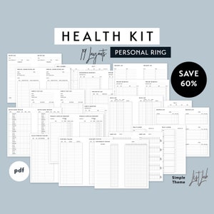 Personal Ring HEALTH KIT | Printable Minimalist Ring Planner Inserts Set pdf Simple - 19 layouts, Meal Planner, Food Exercise, Medical Logs