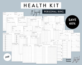 Personal Ring HEALTH KIT | Printable Minimalist Ring Planner Inserts Set pdf Simple - 19 layouts, Meal Planner, Food Exercise, Medical Logs