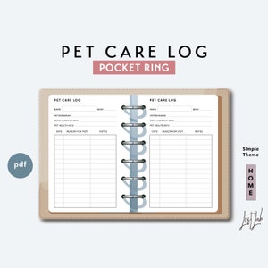 Peut inclure: Un modèle de journal de soins pour animaux de compagnie imprimable pour un classeur à anneaux de poche. Le modèle comprend des sections pour le nom de l'animal, le vétérinaire, les coordonnées du vétérinaire, les informations sur la santé de l'animal, la date, la raison de la visite et les notes.