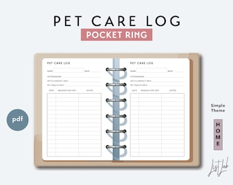 May include: A printable pet care log template for a pocket ring binder. The template has sections for pet name, veterinarian, vet's contact information, pet health information, date, reason for visit, and notes.