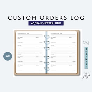 Peut inclure: Un modèle de journal de commandes personnalisées imprimable relié par anneaux A5/demi-lettre avec un thème d'entreprise simple. Le modèle comporte des colonnes pour le nom du client, la date de commande, les détails, le montant, la date de livraison et l'expédition.