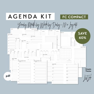 FC Compact AGENDA Kit  | Printable Minimalist Ring Planner Inserts Set pdf | Simple Theme - 18+ layouts | Yearly, Monthly, Weekly, Daily