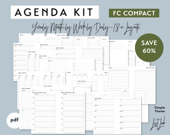 FC Compact AGENDA Kit  | Printable Minimalist Ring Planner Inserts Set pdf | Simple Theme - 18+ layouts | Yearly, Monthly, Weekly, Daily