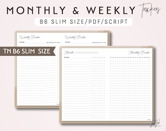 B6 SLIM TN Monthly Tracker and Weekly Tracker - Printable Traveler's Notebook Insert - Script Theme