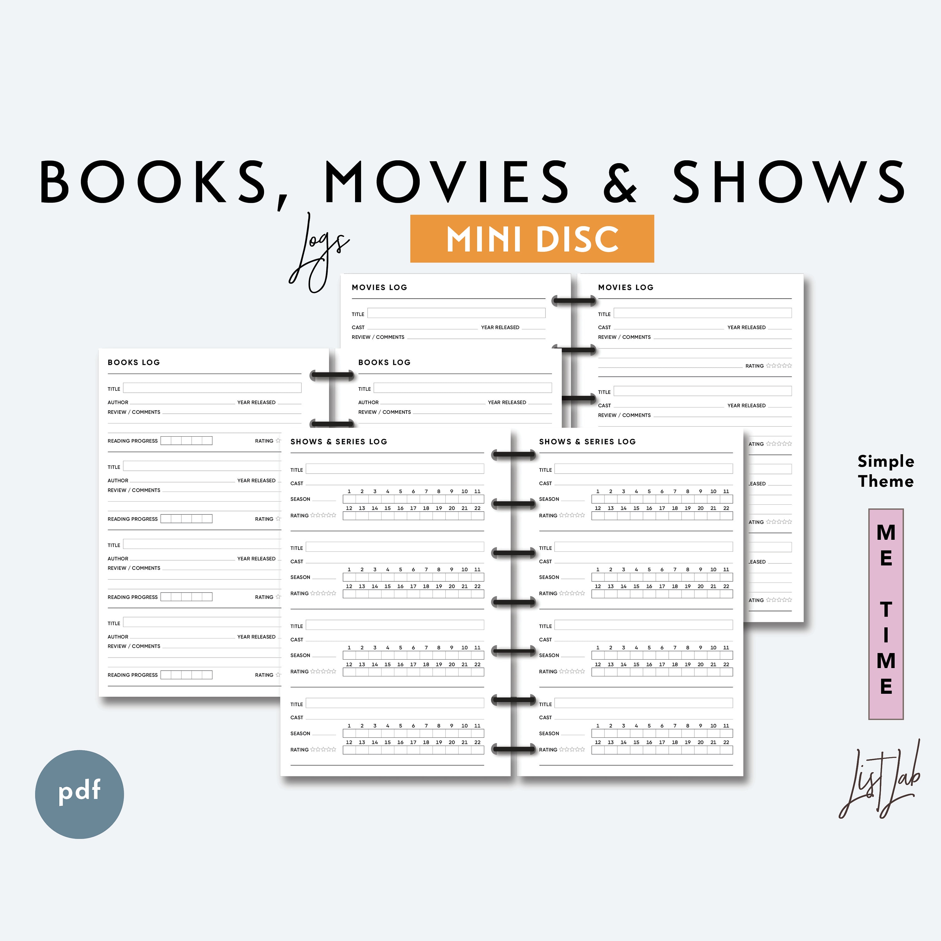 MINI DISC Books Movies Shows Logs Set | Printable Minimalist Discbound ...