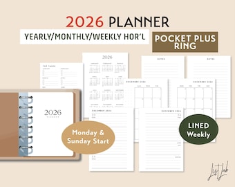 2026 POCKET PLUS Ring Yearly Monthly LINED Weekly Wo2p Horizontal Printable Planner Insert Set, diy Planner