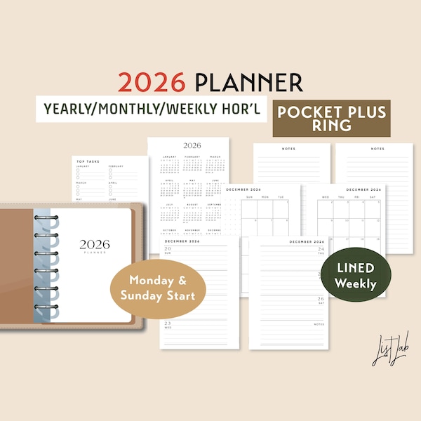 2026 POCKET PLUS Ring Jährlich Monatlich LINIERT Wöchentlich Wo2p Horizontale druckbare Planereinlagen Set, diy Planer