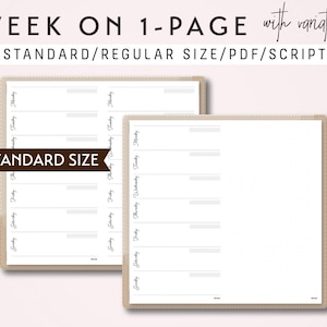 Puede incluir: Una plantilla de planificador semanal imprimible para una libreta de viaje. La plantilla está diseñada para adaptarse a una libreta de viaje de tamaño estándar. El planificador tiene una columna para cada día de la semana, con espacio para escribir citas y tareas. La plantilla está etiquetada como "WEEK ON 1-PAGE with variation STANDARD/REGULAR SIZE/PDF/SCRIPT".