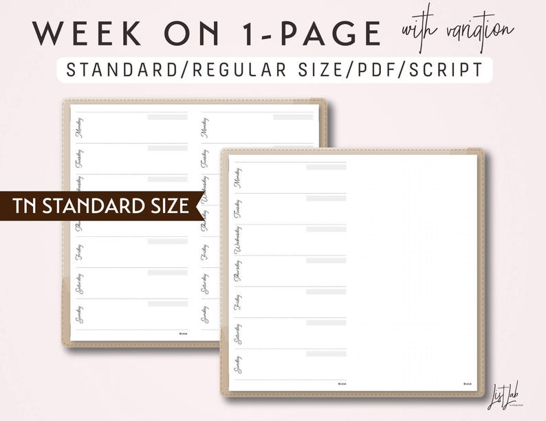 STANDARD Size TN Week on 1 Page with variation WO1P Printable Traveler's Notebook Insert Script Theme image 1