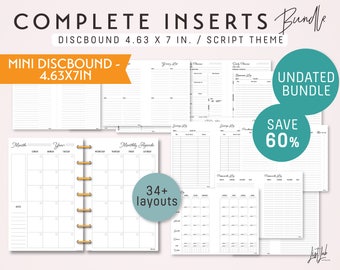 MINI (4.63 X 7in) DISC Inserts Bundle | Printable Minimalist Discbound Planner Inserts Set |  PDF - Script Theme - 34+ sheets