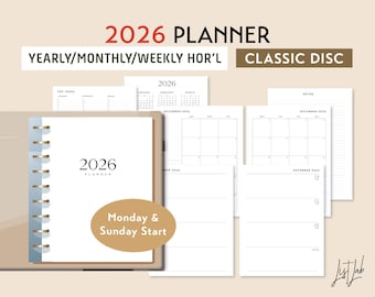 2026 CLASSIC Disc Yearly Monthly Weekly Wo2p HORIZONTAL Printable Discbound Planner Insert Set, DIY Planner