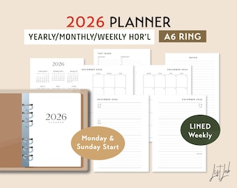 A6 RING 2026 Yearly Monthly LINED Weekly Wo2p HORIZONTAL Printable Planner Inserts Set, Week on 2 Pages Blank Style