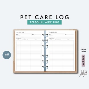 May include: A printable PDF pet care log with a simple theme. The log has sections for the pet's name, veterinarian, vet's contact information, pet health information, date, reason for visit, and notes. The log is designed for use with a personal wide ring binder.