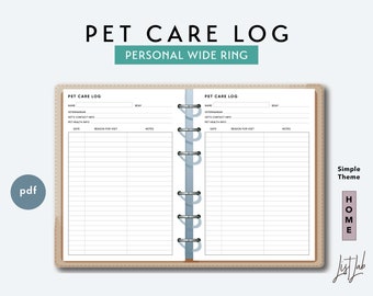 May include: A printable PDF pet care log with a simple theme. The log has sections for the pet's name, veterinarian, vet's contact information, pet health information, date, reason for visit, and notes. The log is designed for use with a personal wide ring binder.