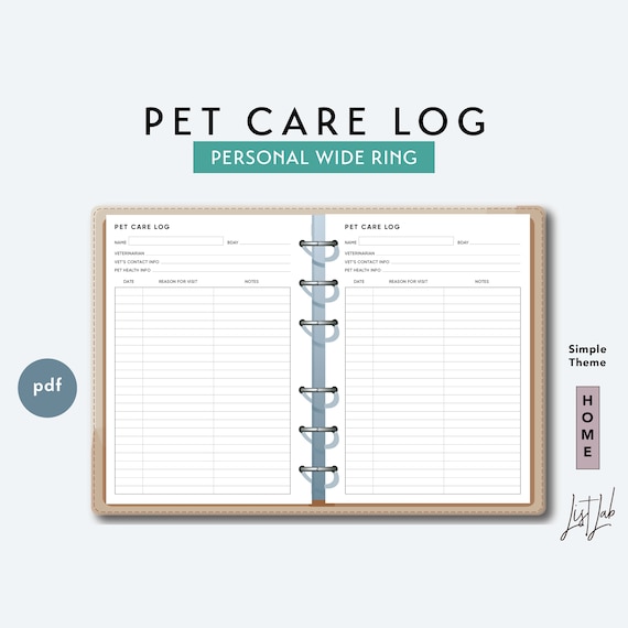 Personal Wide PET CARE LOG - Printable Ring Planner Insert pdf - Simple Theme