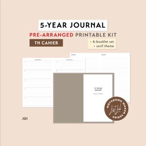 Cahier TN 5-YEAR JOURNAL Notebook Pre-arranged Printable Kit | Traveler's Notebook Insert Set | Diary Insert, Quick Journaling, 5-Year Log