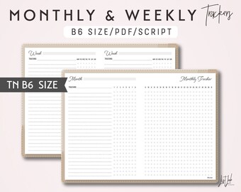 B6 TN Monthly Tracker and Weekly Tracker - Printable Traveler's Notebook Insert - Script Theme