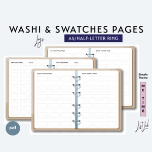 May include: Three printable A5/half-letter ring binder pages for washi tape swatches. Each page has a grid of squares for organizing and displaying washi tape samples. The pages are designed with a simple theme.