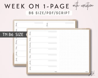 B6 TN Week on 1 Page with variation WO1P - Printable Traveler's Notebook Insert - Script Theme