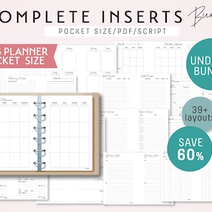 Puede incluir: Una colección de más de 39 insertos de planificador imprimibles para una agenda de anillas de bolsillo. Los insertos no están fechados e incluyen una variedad de diseños, como calendarios mensuales, distribuciones semanales, planificadores de comidas y listas de la compra. El texto "COMPLETE INSERTS Bundle" y "UNDATED BUNDLE" es visible en la imagen. El texto "SAVE 60%" también es visible en la imagen.