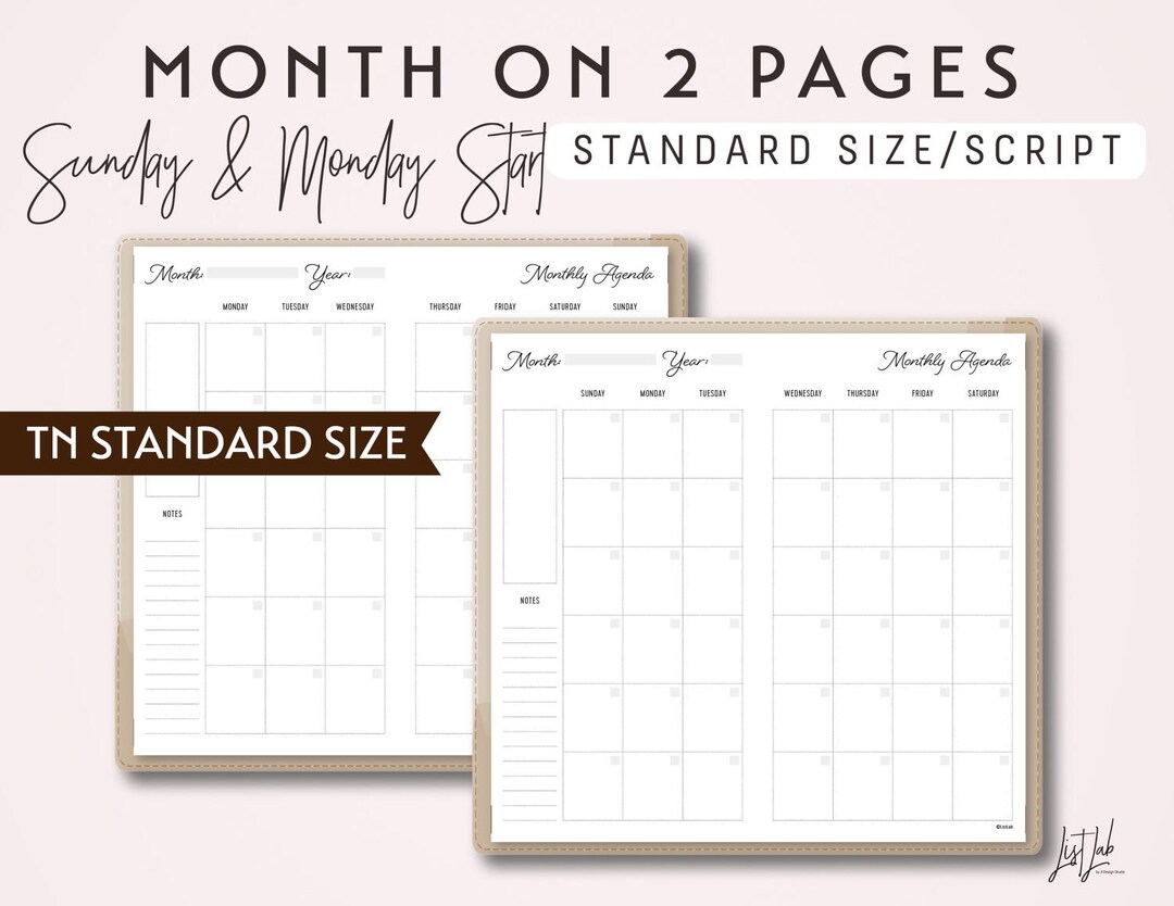 STANDARD Size TN Month on 2 Pages - Sunday Start and Monday Start ...