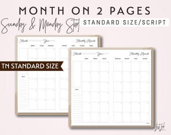 STANDARD Size TN Month on 2 Pages - Sunday Start and Monday Start - Printable Traveler's Notebook Insert - Script Theme