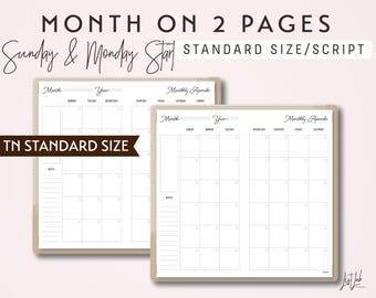 STANDARD Size TN Month on 2 Pages - Sunday Start and Monday Start - Printable Traveler&#39;s Notebook Insert - Script Theme