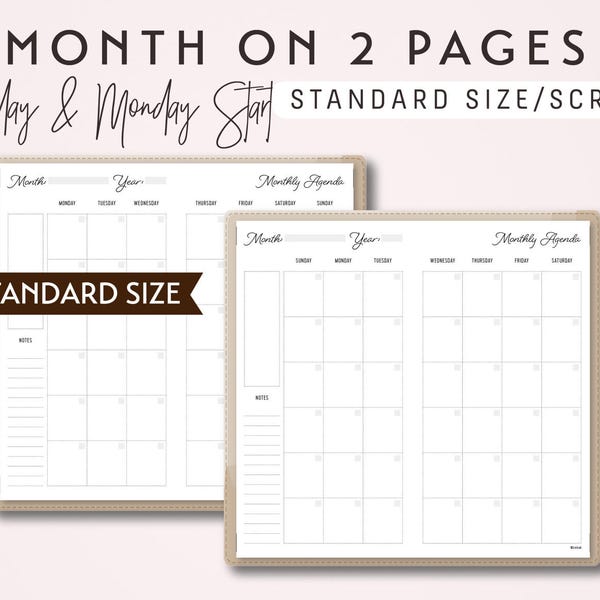 STANDARD Size TN Month on 2 Pages - Sunday Start and Monday Start - Printable Traveler's Notebook Insert - Script Theme