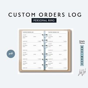 Peut inclure: Un modèle de journal de commandes personnalisées imprimable en PDF. Le modèle est conçu pour un classeur à anneaux personnel et présente un design simple sur le thème des affaires. Le modèle comprend des sections pour le nom du client, la date de commande, le montant, les détails, la date de livraison et l'expédition.