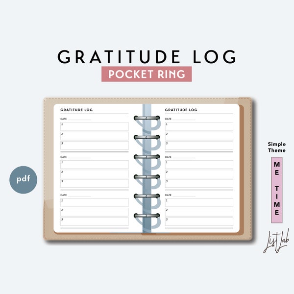 Pocket Ring GRATITUDE LOG | Printable Minimalist Ring Planner Insert | pdf | Simple Theme. Gratitude Planner Journal