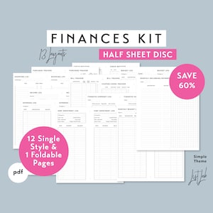 May include: A printable finances kit with 13 layouts for half sheet disc planners. The kit includes pages for shopping lists, purchase trackers, bill trackers, income logs, expense logs, debt repayment logs, monthly budget logs, and more. The kit is designed in a simple black and white theme with a pink accent color.