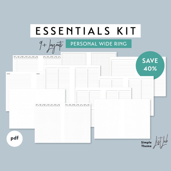 Personal Wide Size ESSENTIALS KIT | Printable Minimalist Ring Planner Insert Set | pdf | Simple - 9+ layouts - Dot Grid, Lined, Notes, Lists