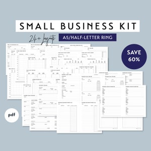 Puede incluir: Un conjunto de páginas de planificación empresarial imprimibles en blanco y negro. Las páginas están diseñadas para carpetas de anillas de tamaño A5 o media carta. Las páginas incluyen secciones para el seguimiento de ingresos, gastos, ventas, marketing y más. El texto "SMALL BUSINESS KIT" y "24+ Layouts" es visible en la parte superior de la imagen. El texto "SAVE 60%" es visible en la esquina superior derecha de la imagen.