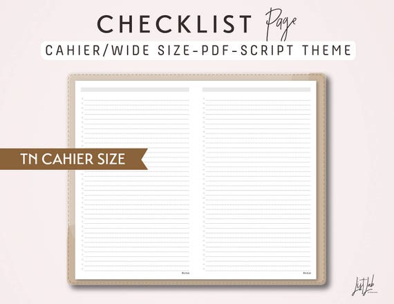 CAHIER Size TN Checklist Page Traveler's Notebook Printable Insert PDF  Script Theme 