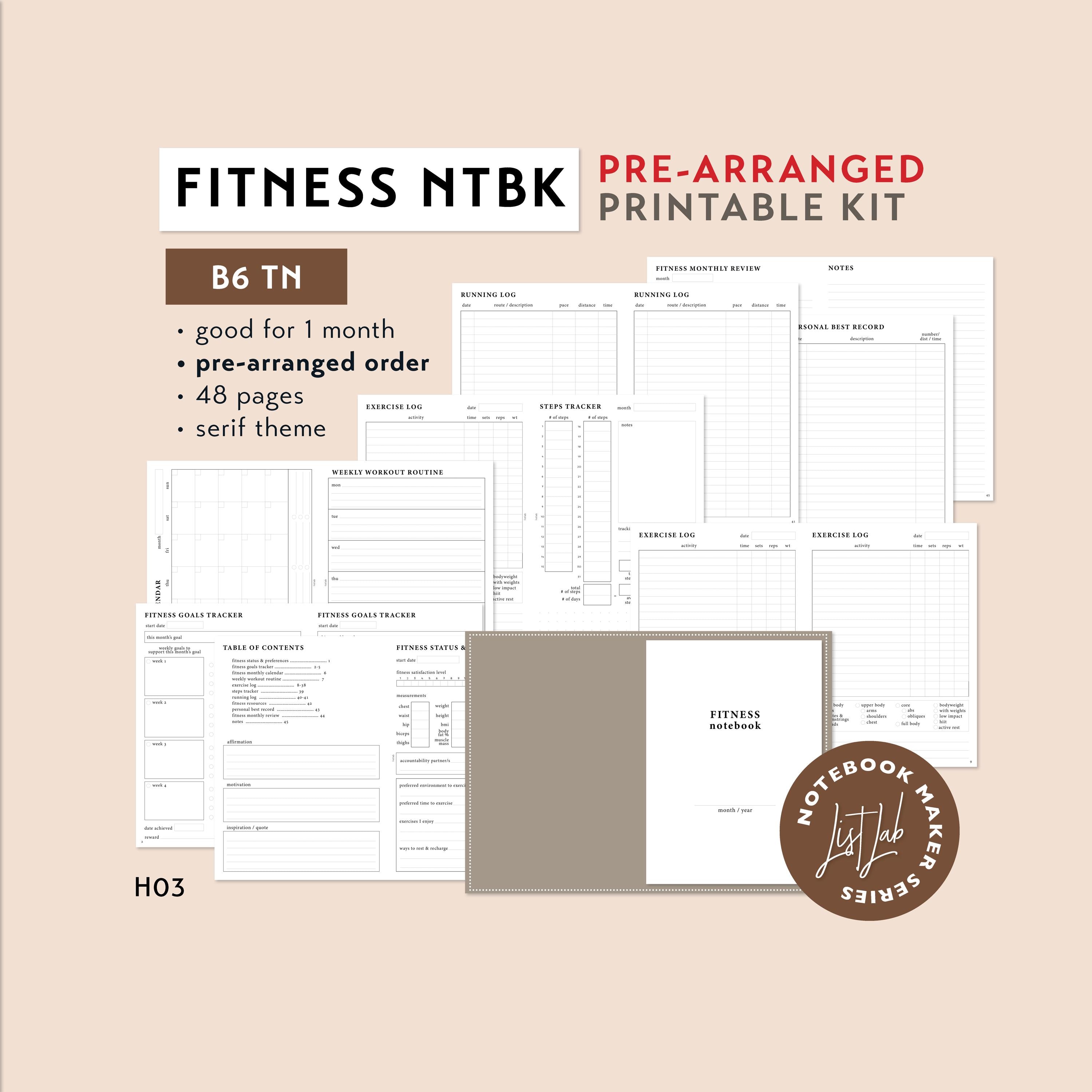 B6 TN FITNESS Notebook Pre-arranged Printable Kit | Traveler's Notebook Insert Set | Exercise Log, Movement Tracker, Health Planner