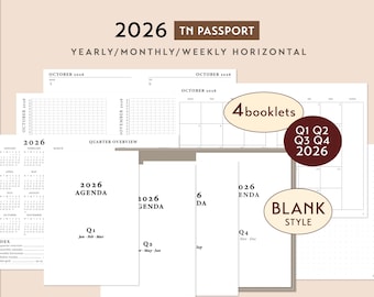 Passport TN 2026 BLANK Style Pre-arranged Printable Bundle - Weekly Wo2P Horizontal | Traveler's Notebook Predated 4 Booklets Insert Set
