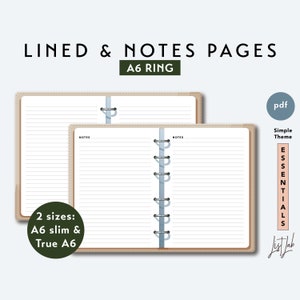 May include: Two A6 ring binder pages with lined and blank note sections. The pages are beige with a subtle texture. The text "NOTES" is printed at the top of each page. The text "2 sizes: A6 slim & True A6" is printed on the left page. The text "pdf Simple Theme ESSENTIALS List Lab" is printed on the right page.