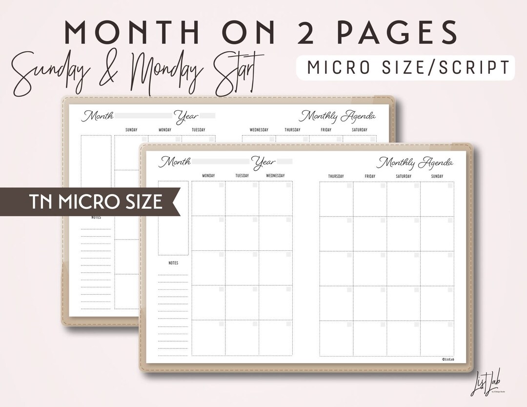 Micro Size TN Month on 2 Pages - Sunday Start and Monday Start ...