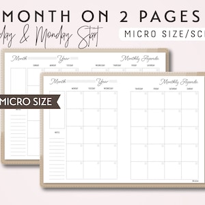 Könnte beinhalten: Zwei druckbare Seiten für einen Monatskalender im Mikroformat. Die Seiten sind für ein Reisetagebuch konzipiert und verfügen über ein monatliches Kalenderrraster mit Platz für Notizen und einen monatlichen Agenda-Bereich. Die Seiten sind mit "Monat" und "Jahr" beschriftet und haben einen braunen Rand.